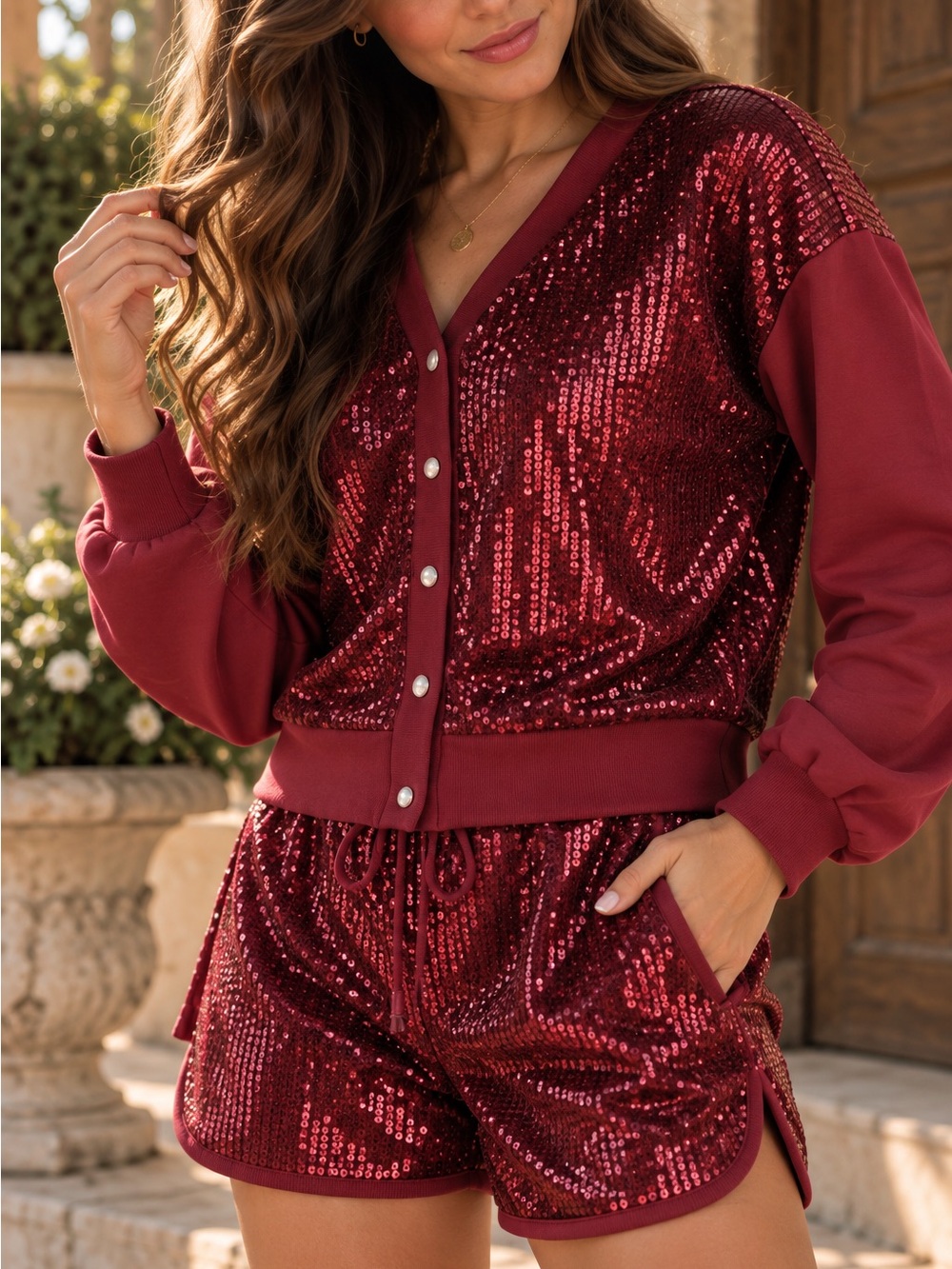 NWT Blue B Collection Burgundy Sequin Cardigan & Shorts 2 Piece Holiday Set